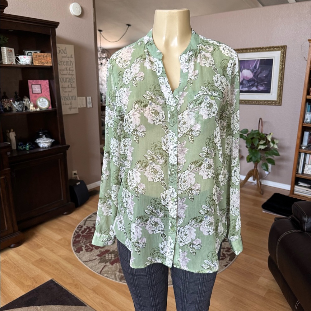 Sheer Floral Gauzy Green Button-up Blouse - Size M - Roses - Kut From The Kloth